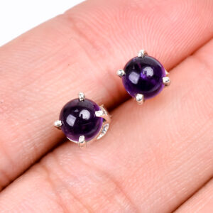 Purple Amethyst Round Shape Tiny Stud Earrings Sterling Silver