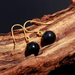 Natural Black Onyx Ball Shape Earrings 18k Gold