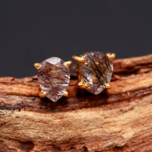 Black Rutile Quartz Pear Shape 18k Gold Stud Earrings
