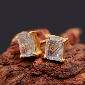 Natural Black Rutile Quartz Octagon 18k Gold Stud Earrings