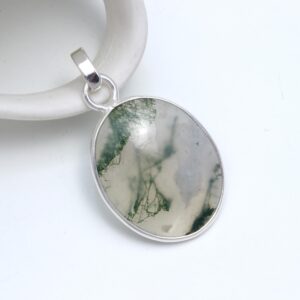 Genuine Moss Agate Oval shape Pendant Sterling Silver