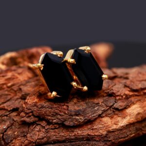 Natural Black Onyx Hexagon 18K Gold Stud Earrings
