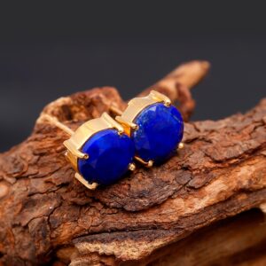 Natural Blue Lapis Lazuli Round Shape 18K Gold Stud Earrings
