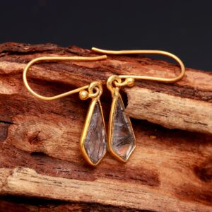 Natural Black Rutile Quartz Kite Shape 18k Gold Earrings