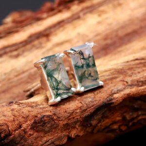 Natural Moss Agate Octagon Shape Sterling Silver Stud Earrings