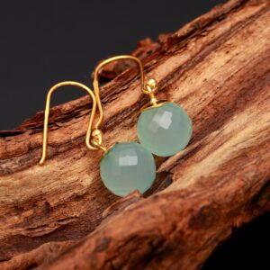 Natural Aqua Chalcedony Ball Shape 18K Gold Earrings
