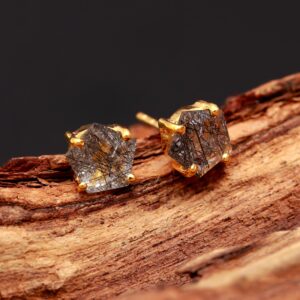 Natural Black Rutile Quartz Pentagon Shape 18K Gold Stud Earrings