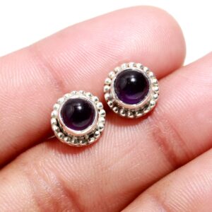 Purple African Amethyst Round Shape Stud Earrings Sterling Silver