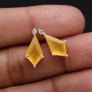 Yellow Chalcedony with CZ Sterling Silver Kite Shape Stud Earrings