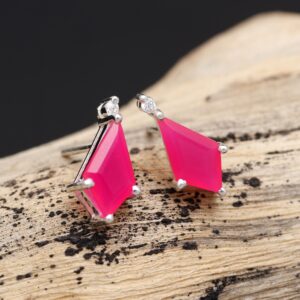 Natural Pink Chalcedony Kite Shape Stud Earrings Sterling Silver
