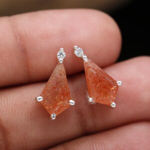 Sunstone with CZ 925 Sterling Silver Kite Shape Stud Earrings