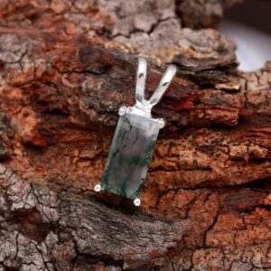 Genuine Moss Agate Octagon Pendant Sterling Silver