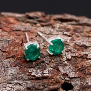Lab Emerald Hexagon Stud Earrings Sterling Silver