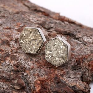Natural Pyrite Hexagon Stud Earrings Sterling Silver