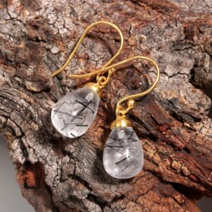 Natural Black Rutile Quartz Teardrop Shape 18k Gold Earrings