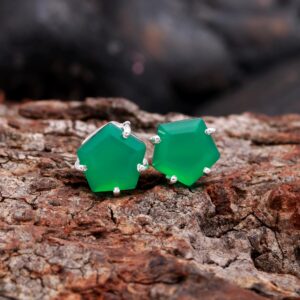 Green Onyx Sterling Silver Pentagon Shape Stud Earrings