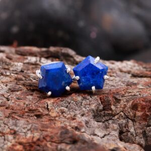 Natural Lapis Lazuli Pentagon Stud Earrings Sterling Silver