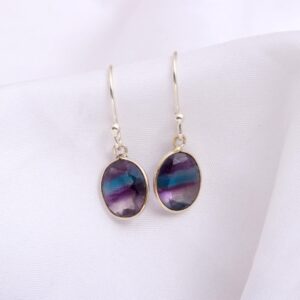 Natural Rainbow Fluorite Oval Shape Sterling Silver Earrings