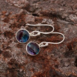 Natural Fluorite Round Shape Earings 925 Sterling Silver