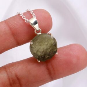 Rough Moldavite Round Shape Pendant 925 Sterling Silver