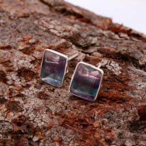 Rainbow Fluorite Octagon Shape Stud Earrings Sterling Silver