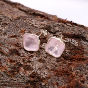 Natural Rose Quartz Octagon Stud Earrings Sterling Silver