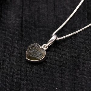 Rough Moldavite Heart Shape Necklace Solid Silver