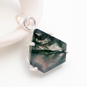 Moss Agate Shield Shape Pendant Sterling Silver