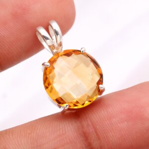 Citrine Quartz Faceted Round Shape Pendant Sterling Silver