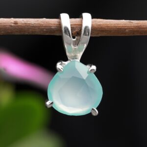 Natural Aqua Chalcedony Heart Pendant Faceted Cut Sterling Silver