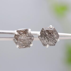 Natural Black Rutile Sterling Silver Stud Earrings