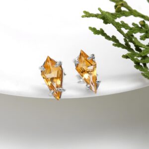 Natural Yellow Citrine Kite Shape Stud Earrings Sterling Silver