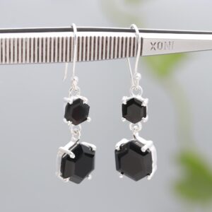 Natural Black Onyx Hexagon Shape Sterling Silver Earrings