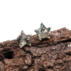 Natural Moss Agate Star Shape Sterling Silver Stud Earrings