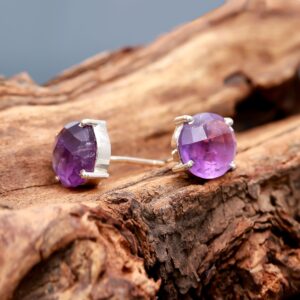 Natural Purple Amethyst Round Briolette Cut Sterling Silver Stud Earrings