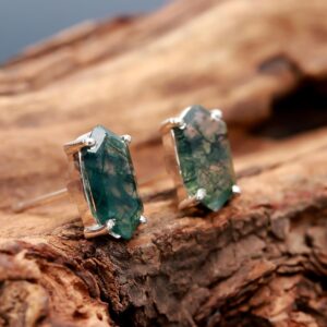 Natural Moss Agate Hexagon Shape Sterling Silver Stud Earrings