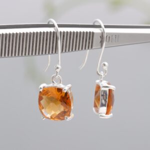 Natural Citrine Quartz Cushion Shape Sterling Silver Earrings