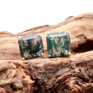 Natural Moss Agate Octagon Shape Sterling Silver Stud Earrings
