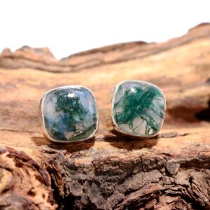 Natural Moss Agate 925 Sterling Silver Stud Earrings