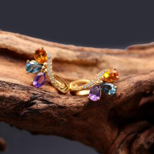 Citrine Amethyst & Blue Topaz Pear Shape Stud Earrings18k Gold