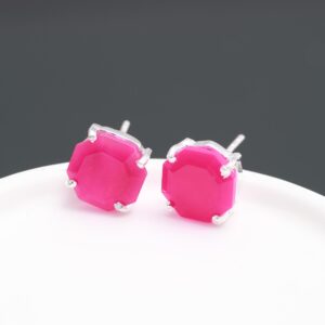 Natural Pink Chalcedony Octagon Stud Earrings Sterling Silver