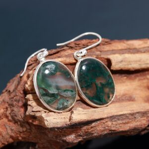 Natural Green Moss Agate 925 Sterling Silver Earrings