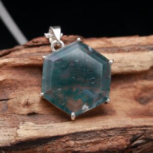 Moss Agate Hexagon Shape Sterling Silver Pendant