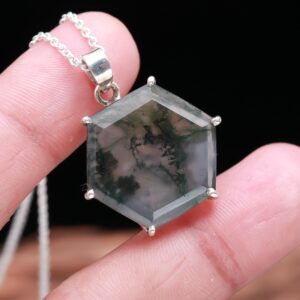 Moss Agate Hexagon Shape Sterling Silver Pendant