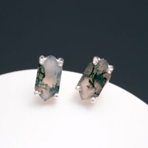 Natural Green Moss Agate Stud Earrings Sterling Silver