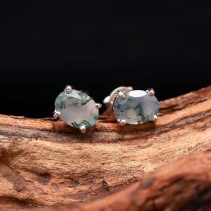 Natural Moss Agate Oval Shape Sterling Silver Stud Earrings