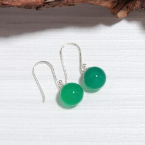 Natural Green Onyx Round Shape Sterling Silver Earrings