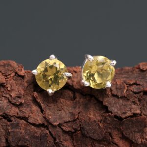 Natural Yellow Citrine Round Shape Stud Earrings 925 Sterling Silver