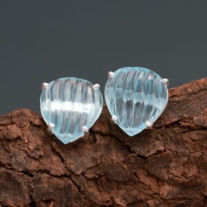 Sky Blue Topaz Carved Heart Shape Sterling Silver Stud Earrings
