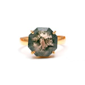 Natural Green Moss Agate Octagon Shape Ring 18K Gold